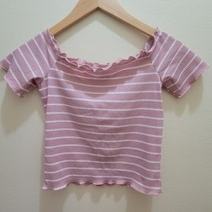 SHEIN Lettuce Ribbed Striped Off-the-Shoulder Tee